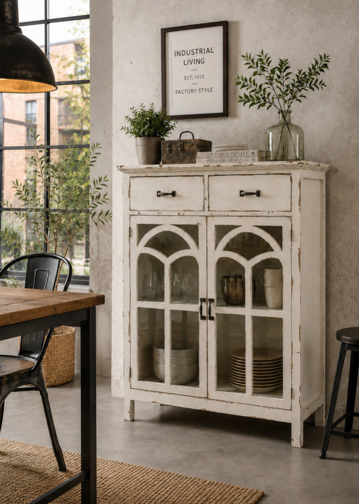 Antik weiße Landhaus Vitrine mit Glastüren und Schubladen im Vintage Stil