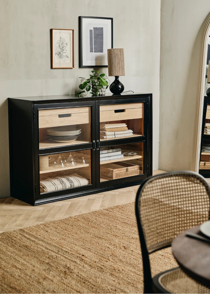 Landhaus Anrichte MAJA schwarz-natur 148 cm mit Glastüren