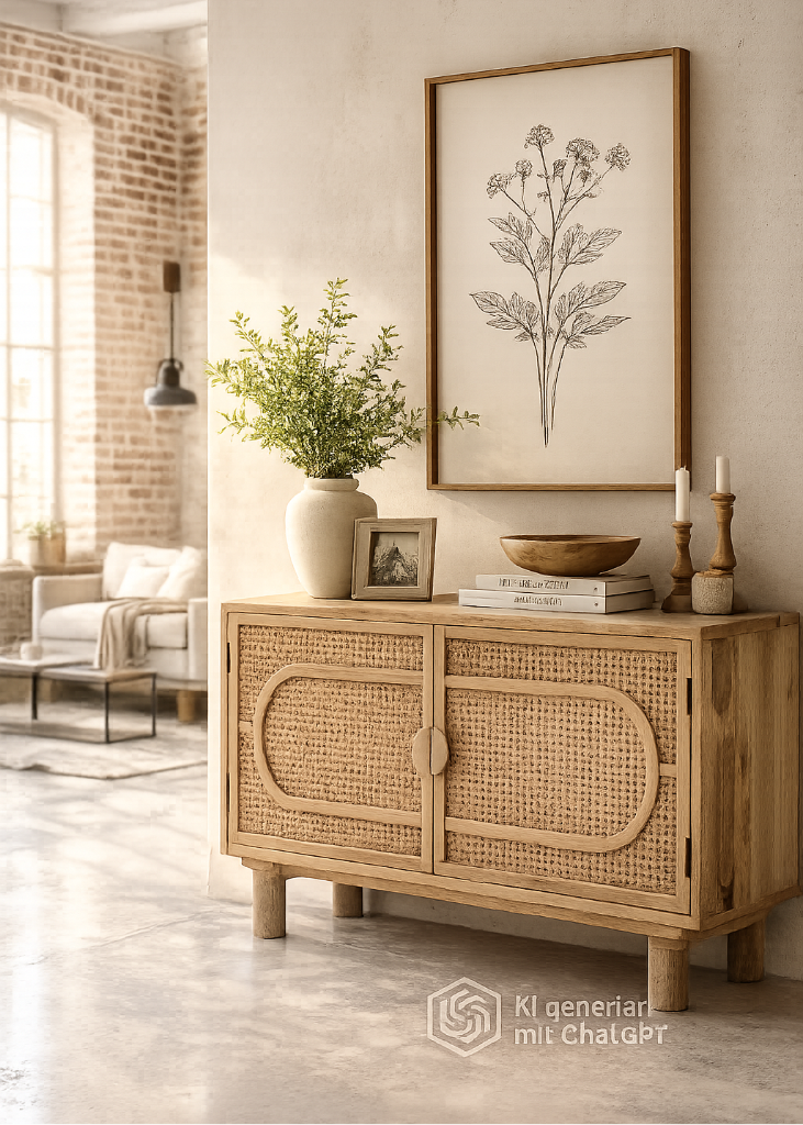 Sideboard aus Mangoholz mit Wiener Geflecht im Boho- und Landhausstil, 90 × 54 × 41 cm