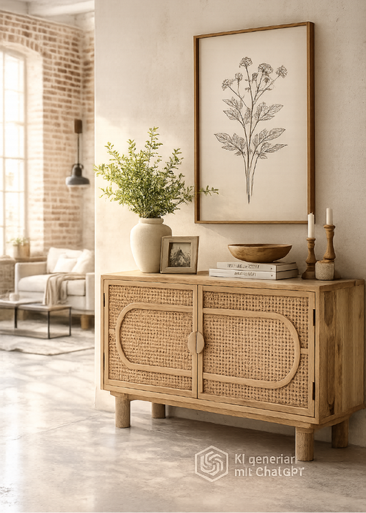 Sideboard aus Mangoholz mit Wiener Geflecht im Boho- und Landhausstil, 90 × 54 × 41 cm