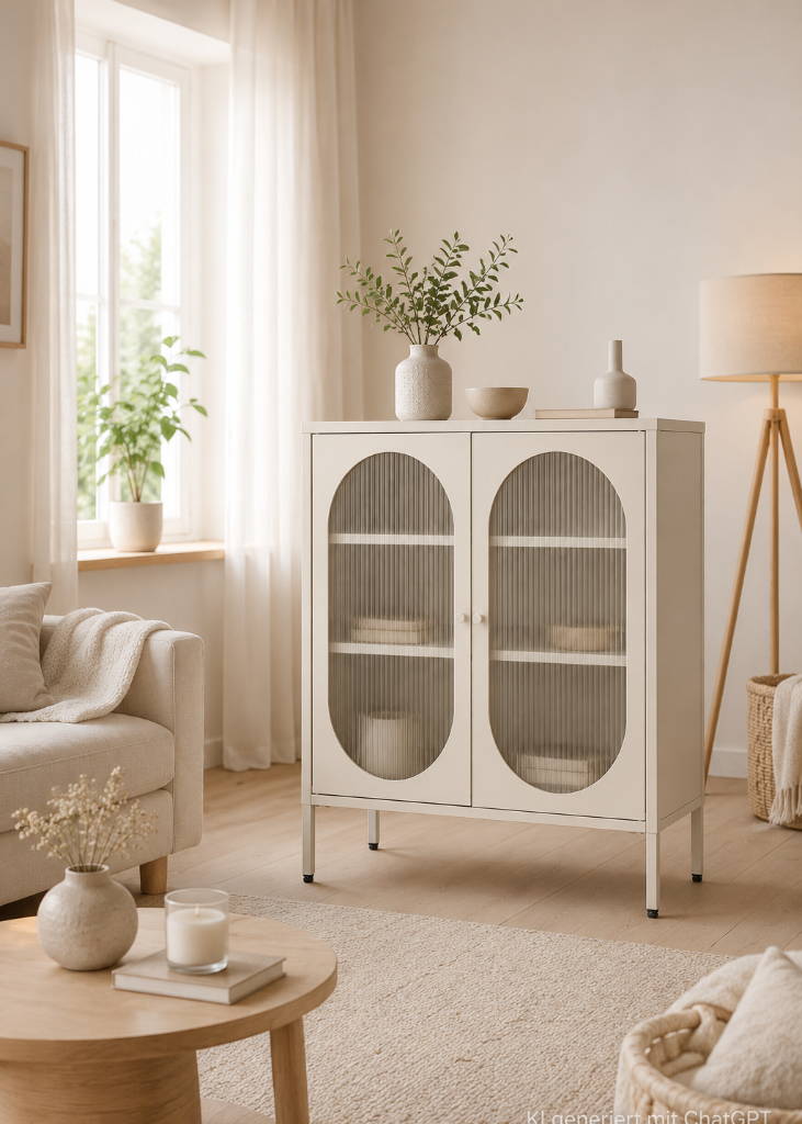 Metallvitrine in Sand mit geriffelten Glastüren im skandinavischen Wohnzimmer