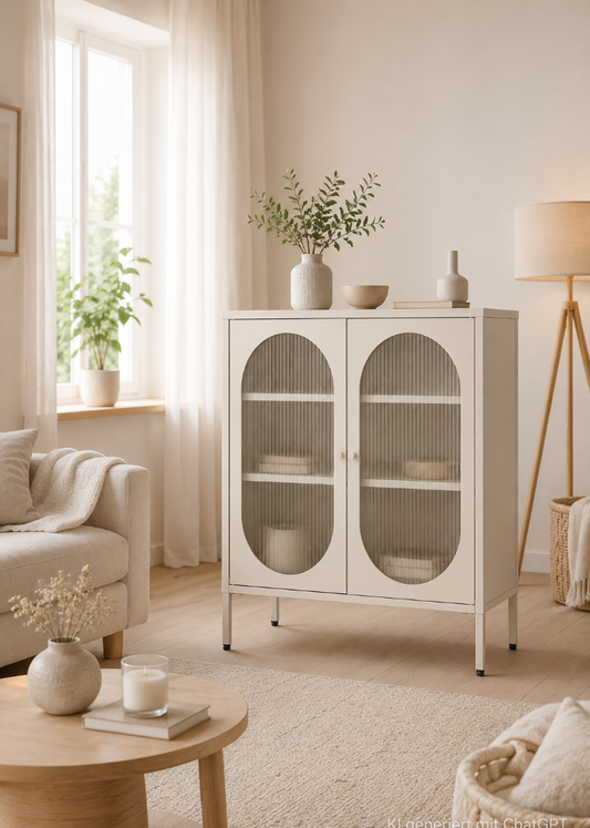 Metallvitrine in Sand mit geriffelten Glastüren im skandinavischen Wohnzimmer