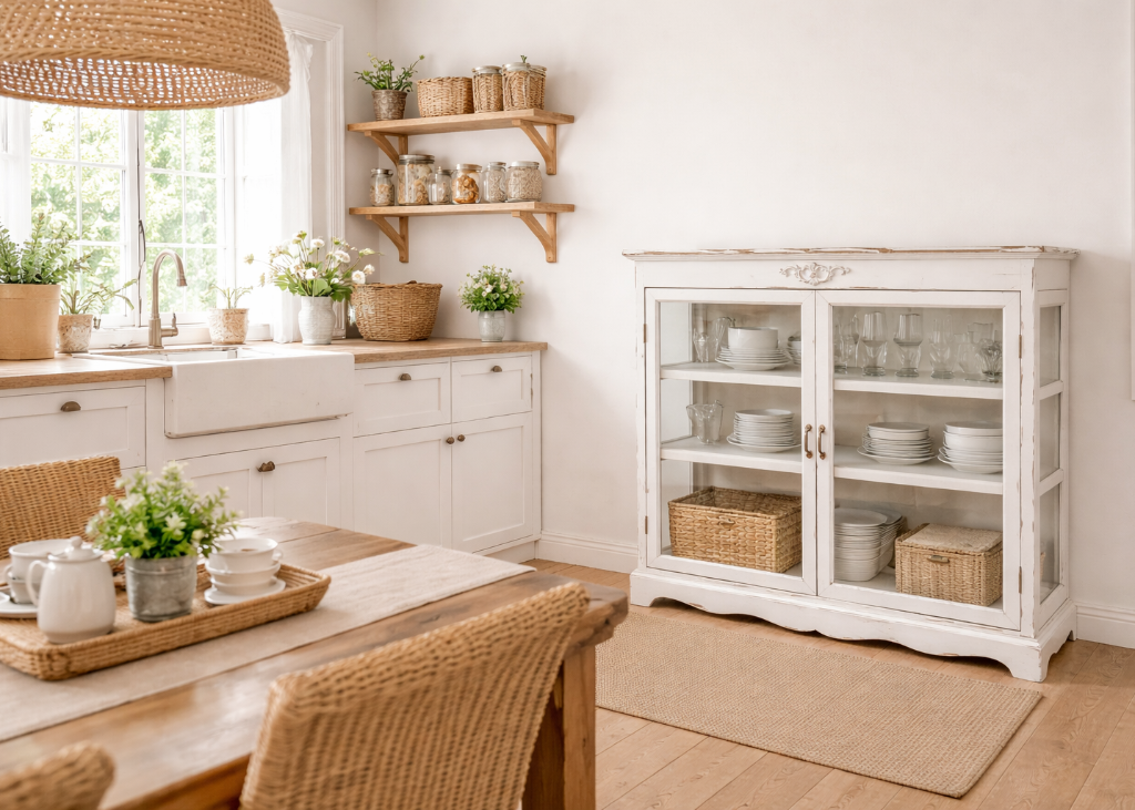 „Landhausmöbel Vitrine antik creme, Holz mit Glastüren, H87,5 B106 T39 cm – Versand Deutschland, Österreich, Schweiz"
