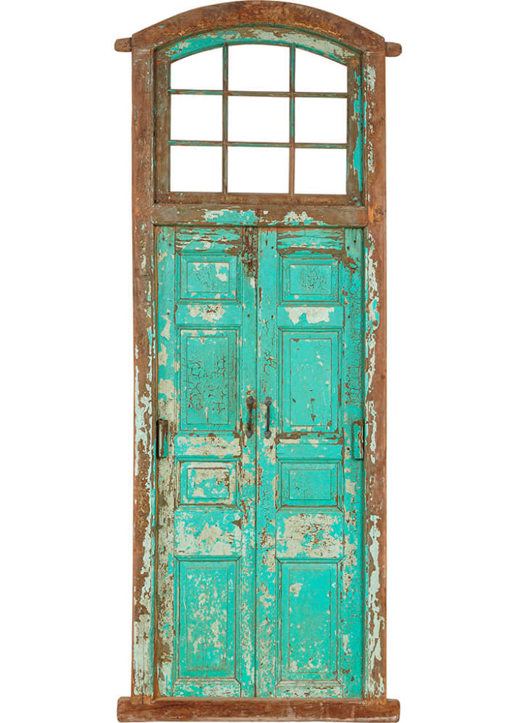 Alter Raumteiler aus Holz und Glas im Shabby Chic, Historische Holztür als Dekoration für Zuhause