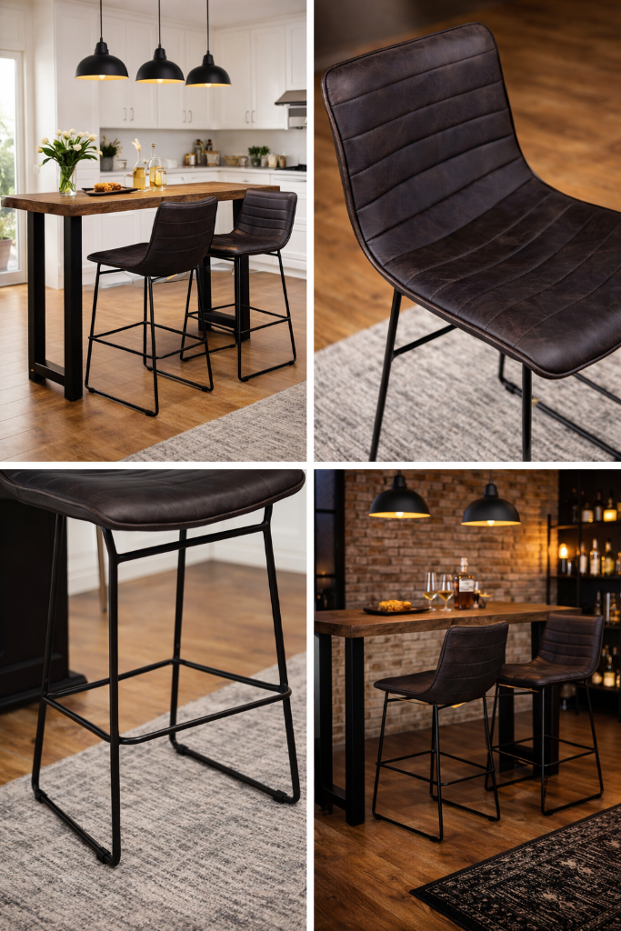 Barhocker dunkelbraunes Leder und Metallbeine