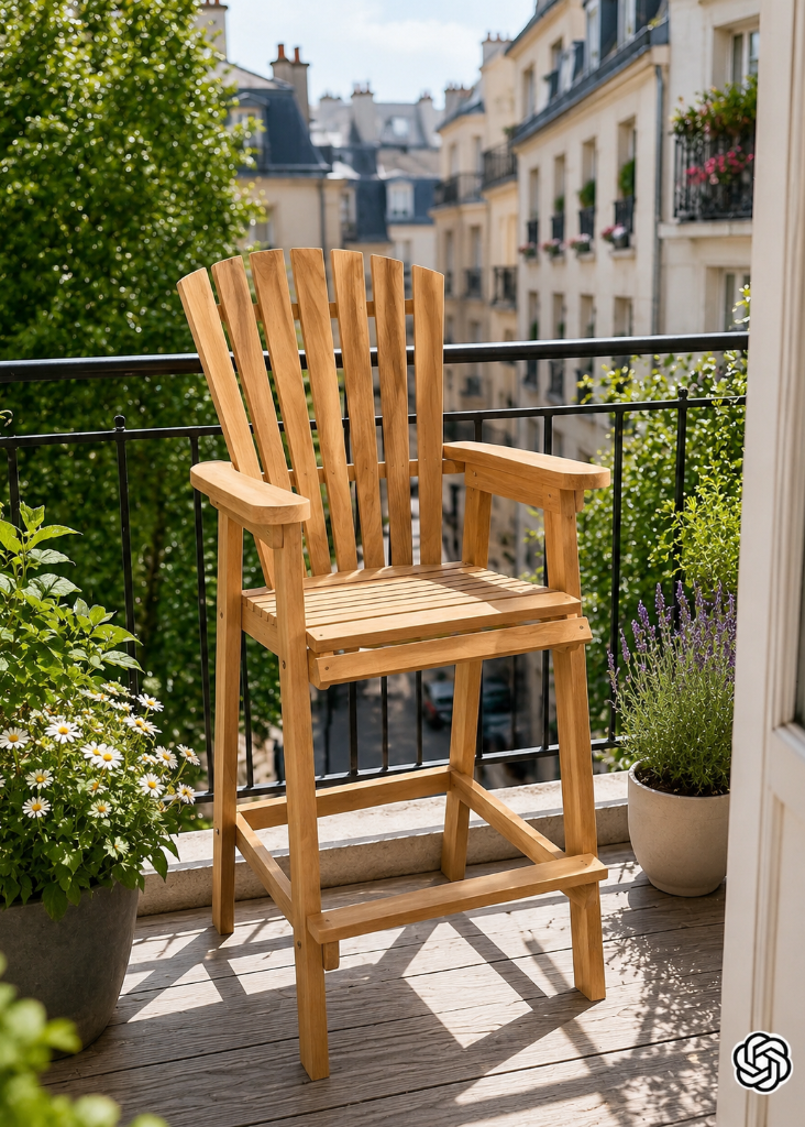 Adirondack-Barstuhl ANDI aus massivem Teakholz im Landhausstil für Garten, Terrasse und Balkon
