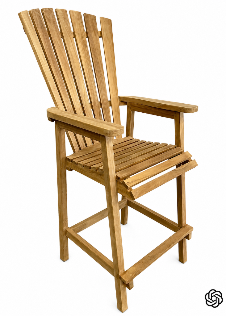 Gartenmöbel Landhausstil – Adirondack-Barstuhl ANDI aus massivem Teakholz für stilvolle Outdoor-Bereiche