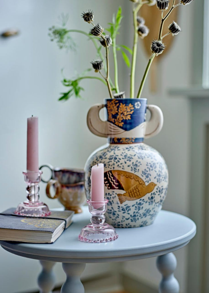 Beistelltisch, Hocker blau rund im Landhausstil, Blumentisch