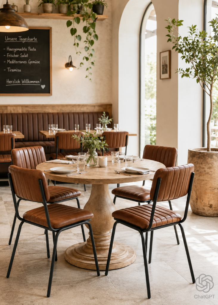 Braune Leder-Bistrostühle am Esstisch in heller Landhaus-Einrichtung mit gemütlicher Atmosphäre