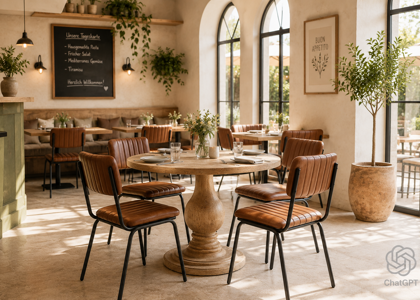 Moderne Bistrostühle aus Büffelleder in stilvoller Café- und Restaurant-Einrichtung