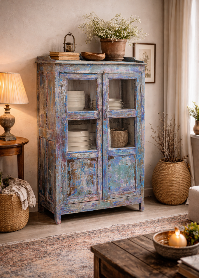 Shabby Blaue Vitrine aus Holz H 126 cm – Handgefertigtes Unikat