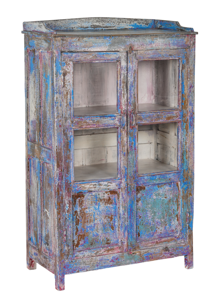 Shabby Blaue Vitrine aus Holz H 126 cm – Handgefertigtes Unikat