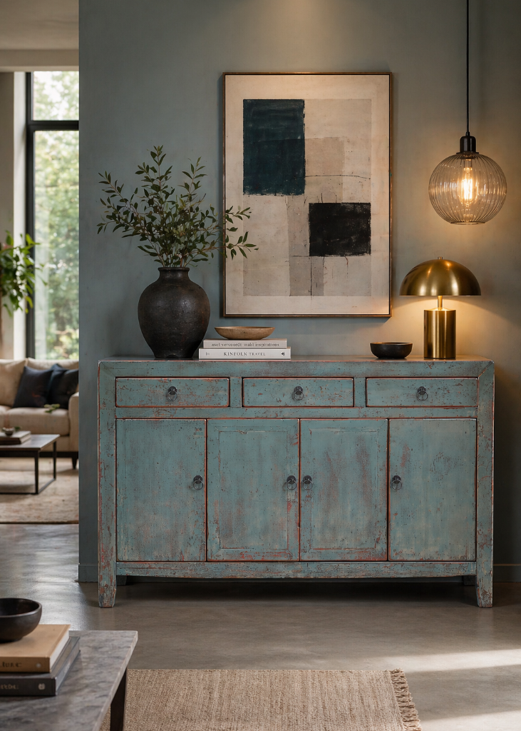 Shabby Chic Sideboard blau aus altem Holz mit 4 Türen und 3 Schubladen im Landhausstil