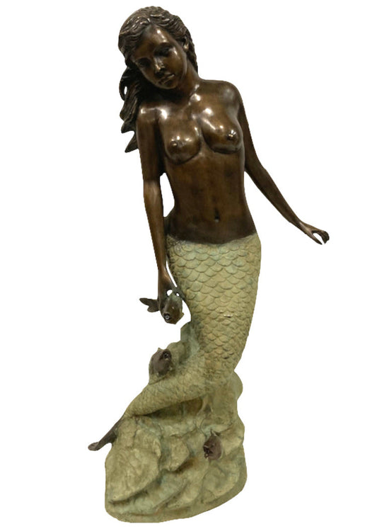 Bronze Gartenbrunnen "Meerjungfrau mit Fisch" im cosmali-shop.com