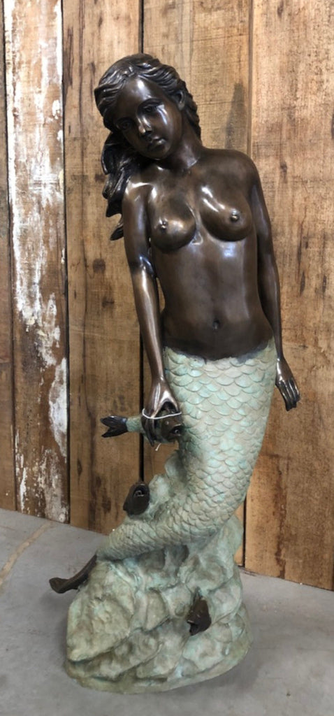 Bronze Gartenbrunnen "Meerjungfrau mit Fisch" H 105 cm