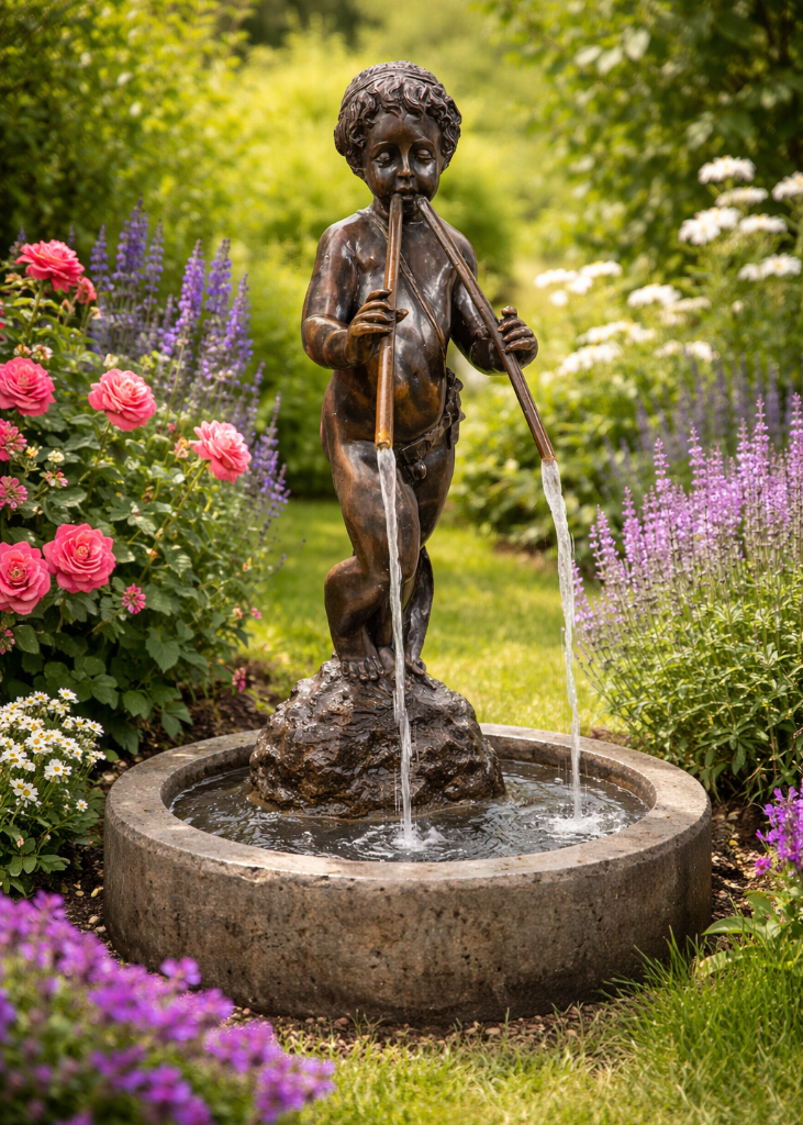 Bronzefigur eines kleinen Jungen als Gartenbrunnen (ca. 75 cm hoch)