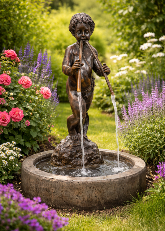 Bronzefigur eines kleinen Jungen als Gartenbrunnen (ca. 75 cm hoch)