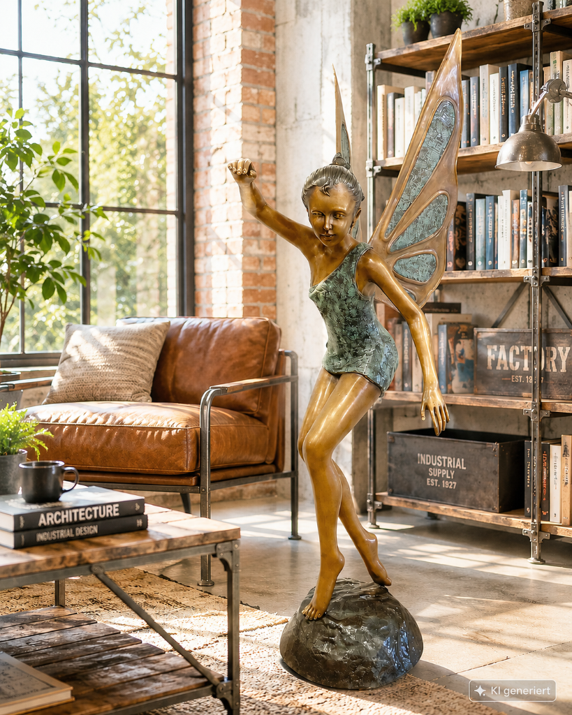 Große Bronze Fee als edle Bronzeskulptur mit antik grüner Patina, 150 cm hoch, wetterfeste Gartenskulptur und stilvolle Dekoration für Haus und Garten.