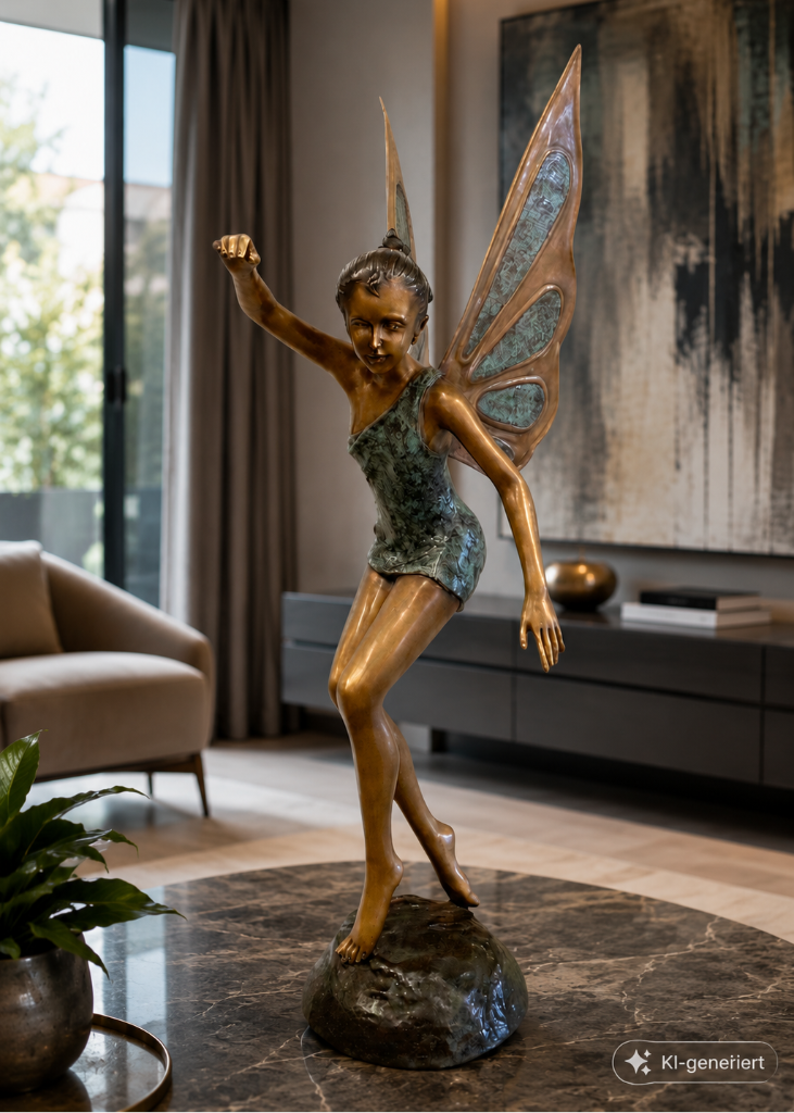 Handgefertigte Bronze Skulptur „Bronzene Fee“ mit antik-grüner Patina als exklusiver Blickfang für Garten und Terrasse.