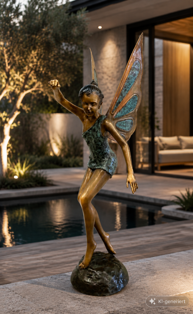 Exklusive Feenskulptur aus Bronze mit detailreicher Verarbeitung und antik-grüner Oberfläche in modernem Ambiente.