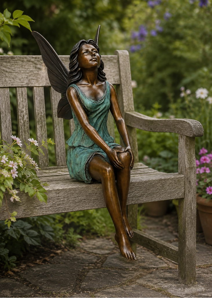 Sitzende Elfe aus Bronze mit antikgrüner Patina als hochwertige Gartenfigur für Garten, Terrasse und Wohnbereich.