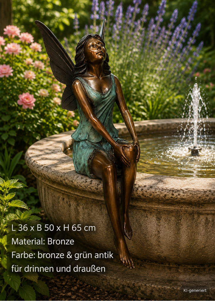 Elegante Bronzefigur sitzende Elfe in Bronze antik und Grün auf einem Brunnenrand als exklusive Gartendekoration.