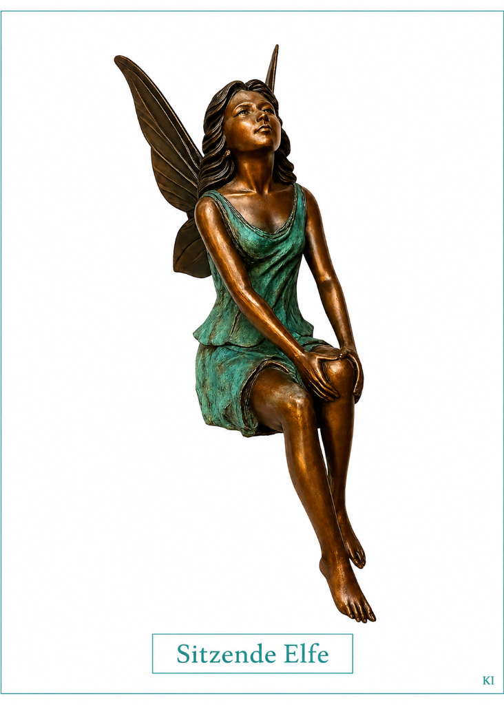 Detailreiche Elfenfigur aus Bronze mit filigranen Flügeln und antikgrünem Kleid für Innen- und Außenbereich.