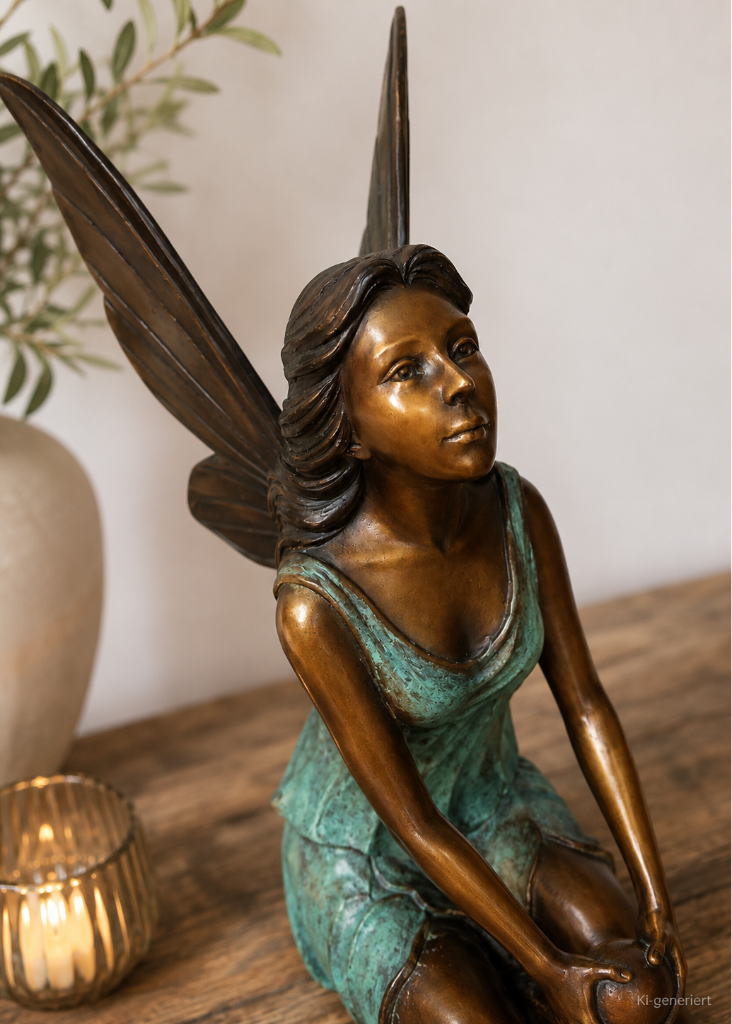 Bronze-Elfe sitzend als stilvolle Dekoration für Garten, Eingangsbereich oder Wohnraum in hochwertiger Bronze-Ausführung.