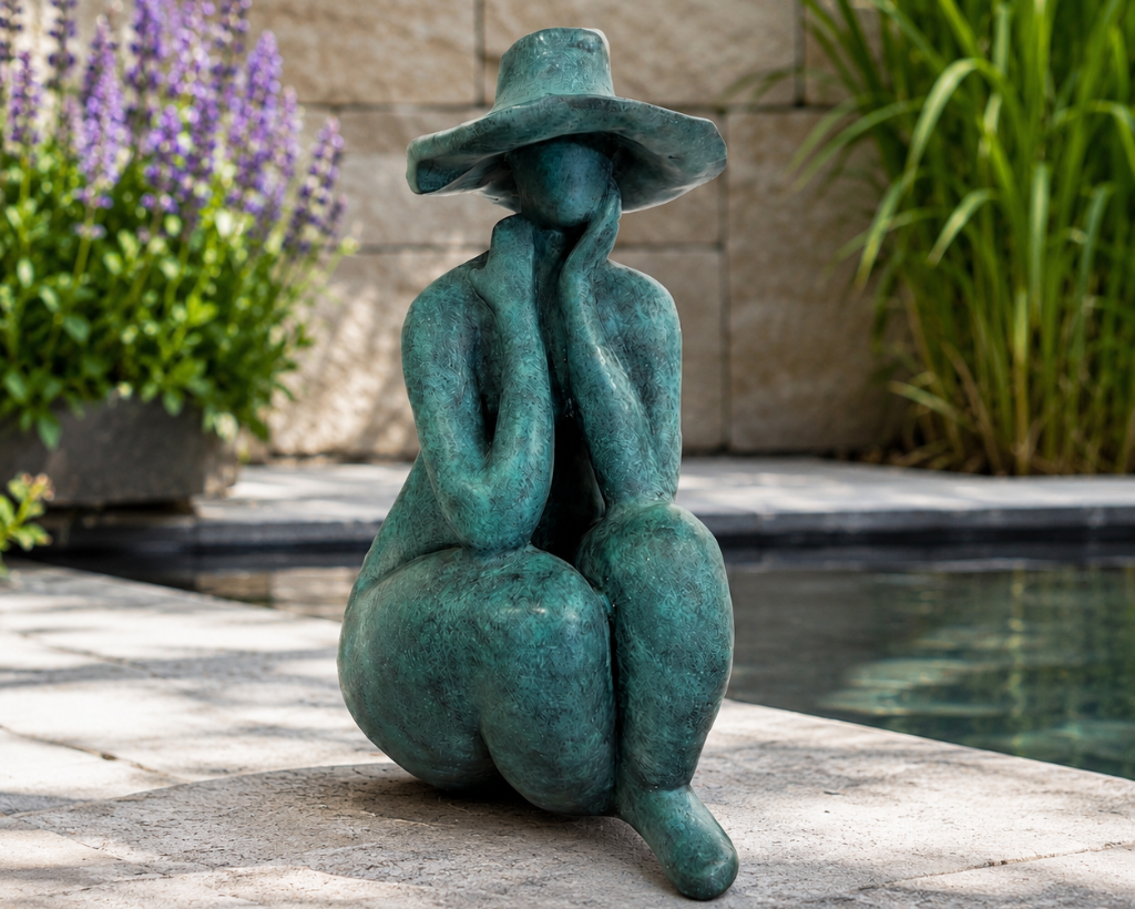 Minimalistische Bronze-Figur Mädchen mit Hut mit antikgrüner Patina