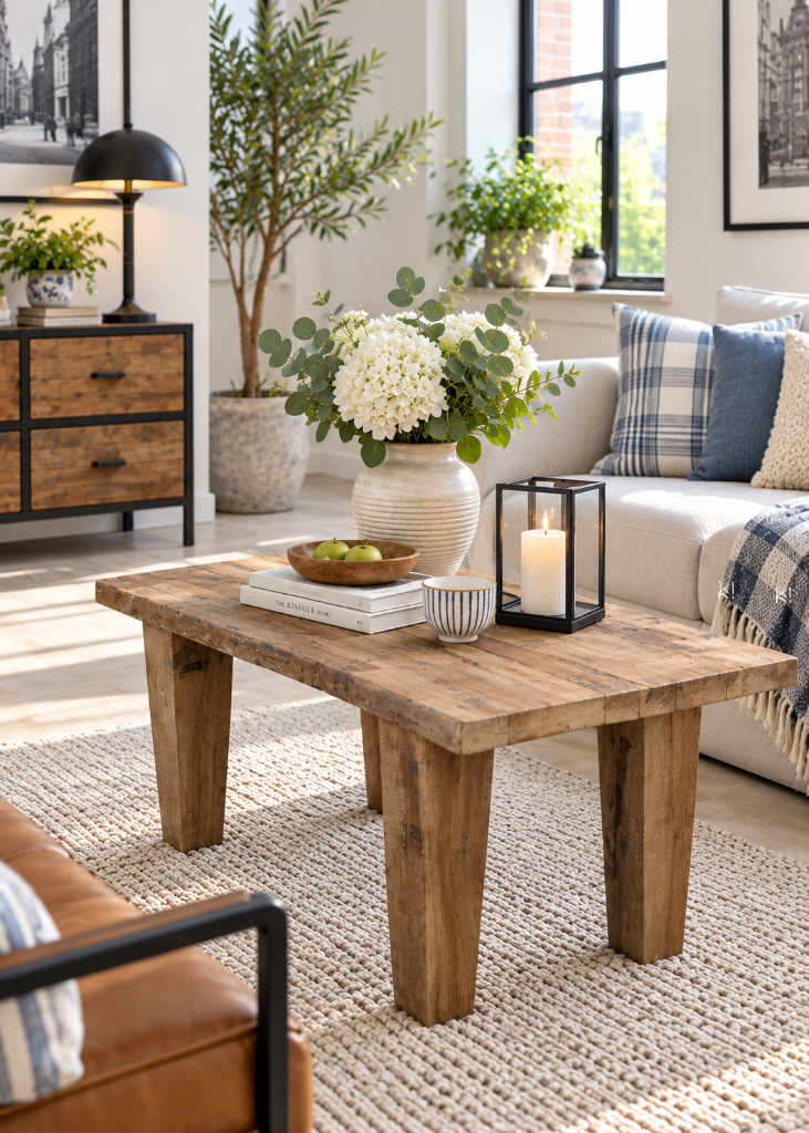 Altholz Couchtisch LUNA 90 cm aus massivem Recyclingholz, naturbrauner Sofatisch mit schöner Holzmaserung und kräftigen Tischbeinen