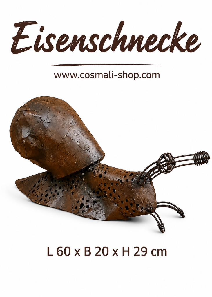 Rostige Eisenschnecke aus Metall als stilvolle Gartendeko für Balkon, Terrasse und Blumenbeet – handgefertigte Vintage-Dekoration mit rustikalem Charme.
