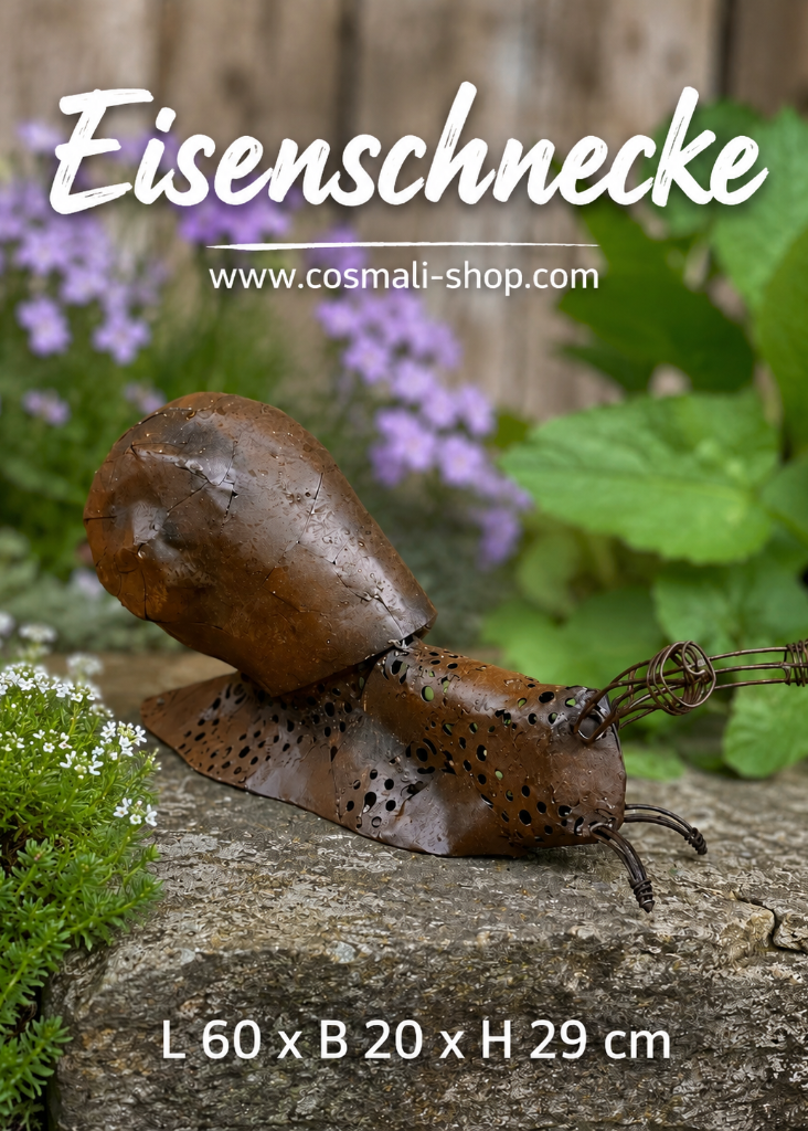 Dekorative Eisenschnecke aus Eisen für modernen Stadtbalkon und Garten – wetterfeste Metallfigur in Rostoptik für natürliche Outdoor-Dekoration.