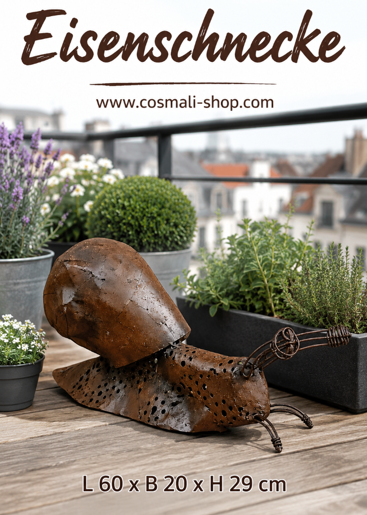 Große Metall-Schnecke in Rostoptik als außergewöhnliche Gartenfigur – kreative Eisen-Deko für Kräuterbeet, Terrasse oder Eingangsbereich.