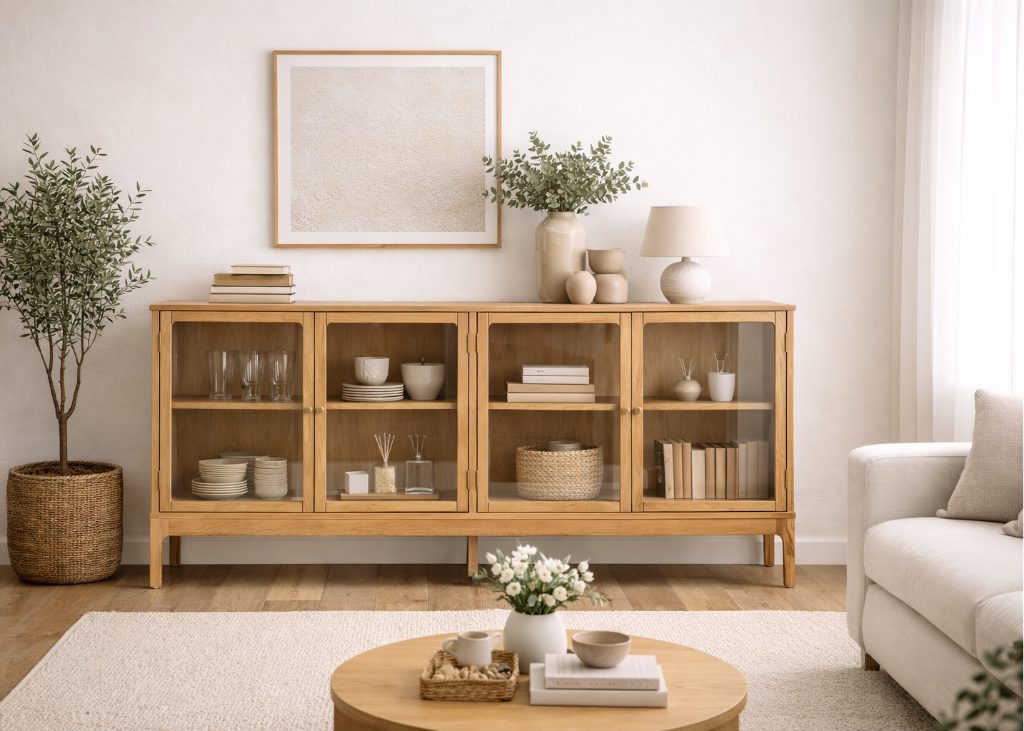 Elegante Sideboard-Vitrine im Skandi-Landhaus-Stil im Wohnzimmer