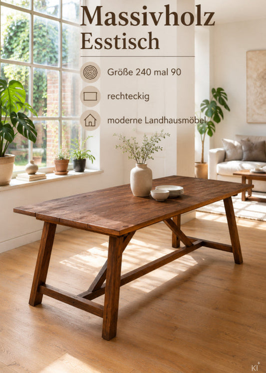Massivholz Esstisch 240 × 90 cm aus wiederverarbeitetem Altholz im modernen Landhausstil als Unikat