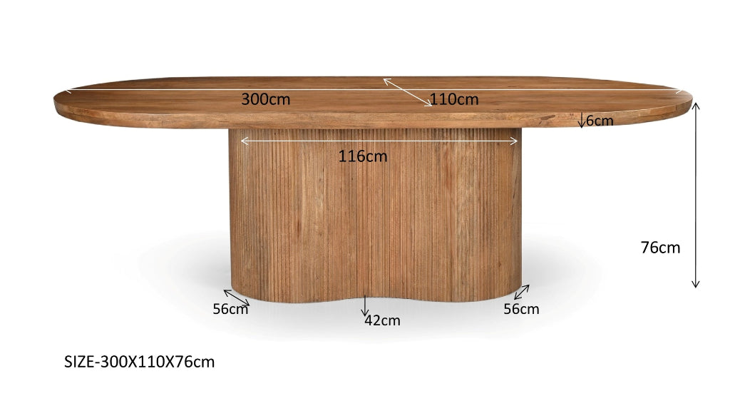 Moderner Esstisch oval aus Mangoholz mit Säulenfuß in natürlicher Holzoptik