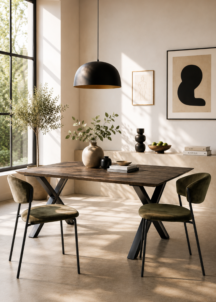 Dunkelbrauner Esstisch LOLA aus massiver Eiche und schwarzem Eisen im Industrial Design mit X-Gestell – zeitlos, robust und elegant.