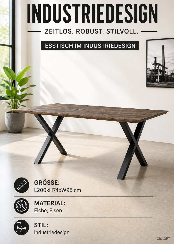 Moderner Industrial Esstisch aus Eiche in Dunkelbraun mit schwarzen Metallbeinen in X-Form – ideal für Esszimmer, Küche und Wohnbereich.