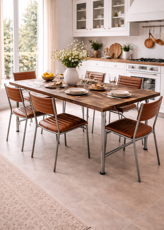 Esstisch Altholz-Rohrbeine aus Eisen