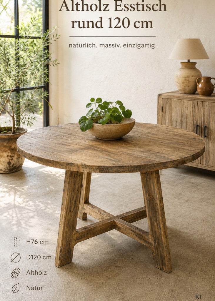 Runder Altholz-Esstisch Ø 120 cm aus naturbelassenem Massivholz in einem hellen Wohnraum im Landhausstil – rustikaler Esstisch mit charaktervoller Holzmaserung und stabilem Kreuzgestell.