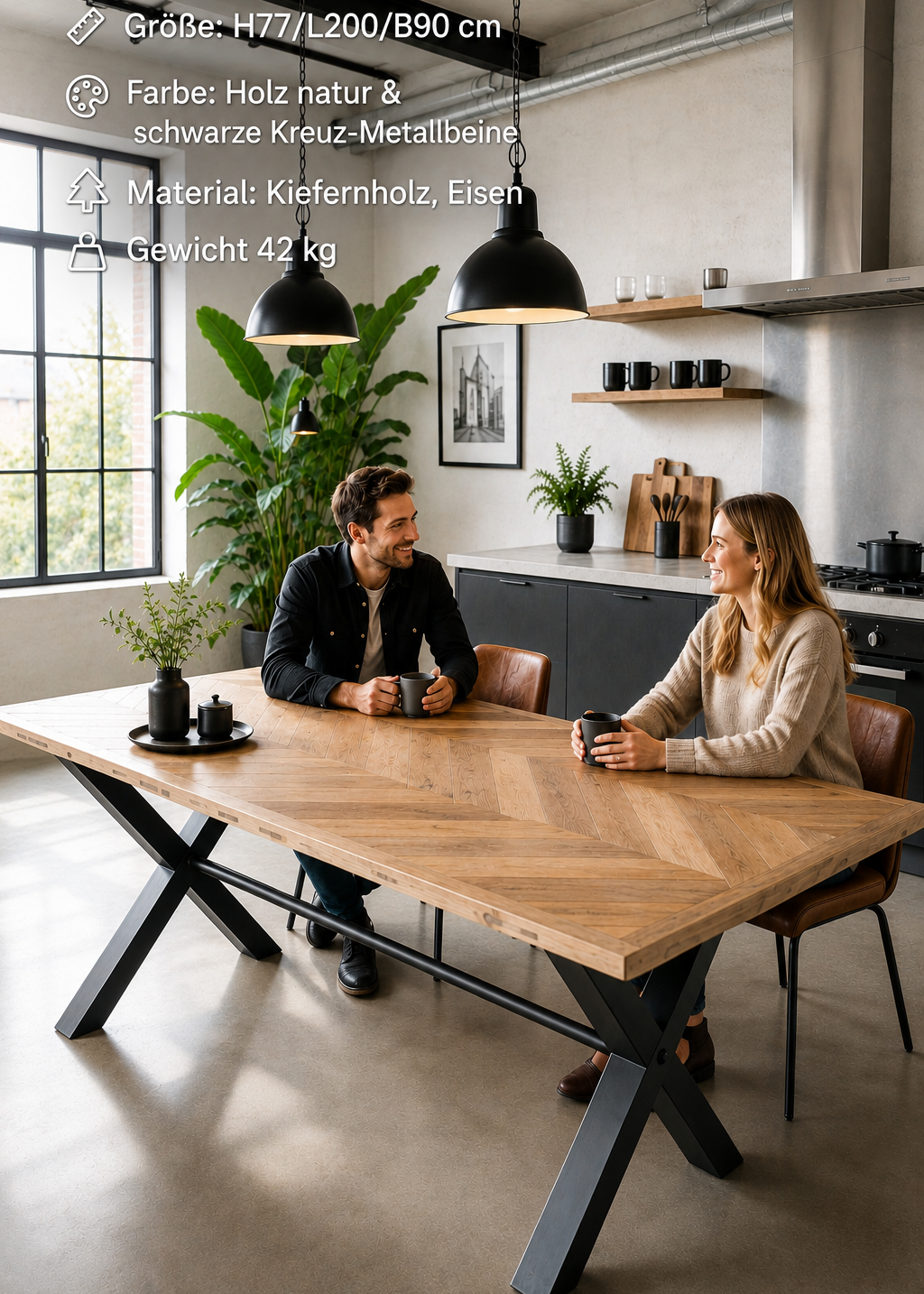 Moderner Esstisch 200 x 90 cm aus massivem Kiefernholz mit Parkettmuster und schwarzen Metallbeinen im skandinavischen Industrial Stil.