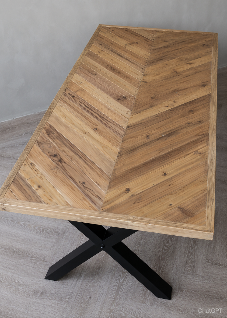 Großer Holztisch aus Kiefernholz mit Fischgrätmuster, schwarzem Kreuzgestell aus Eisen und natürlicher Holzoptik für 6 bis 8 Personen.