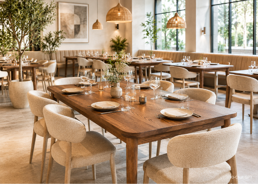 Massivholz Esstisch in 4 Größen mit klaren Formen und runden Ecken für Esszimmer und Restaurant