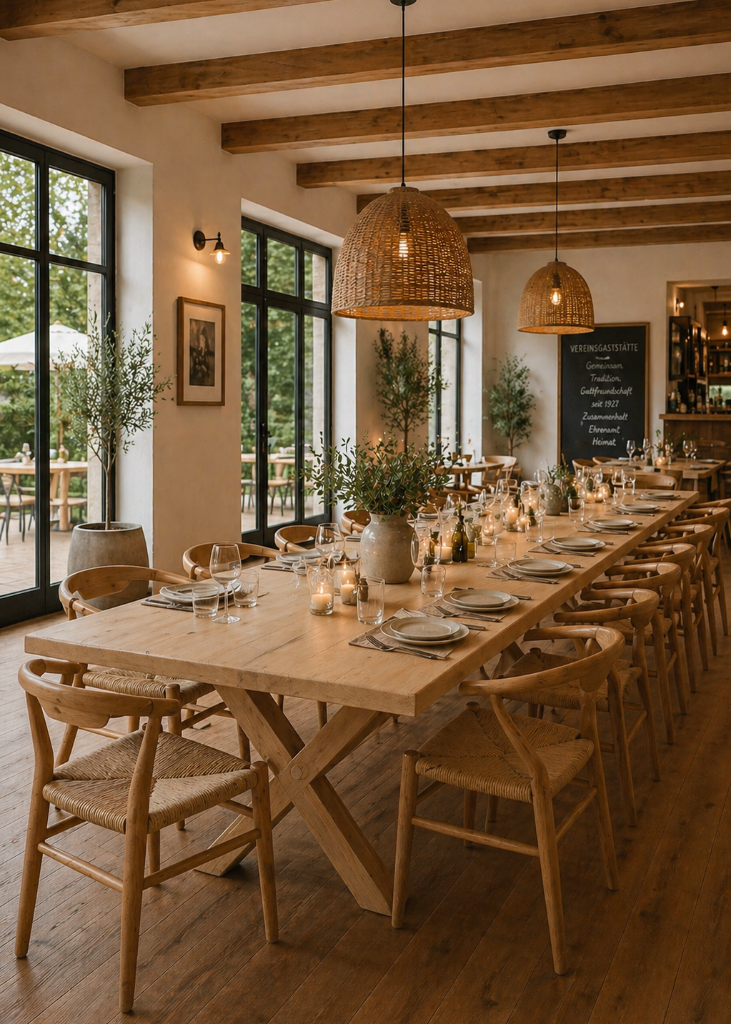 Rustikaler Vereinstisch aus Holz mit X-Gestell 240 cm ideal für Restaurant Familienfeiern und Events