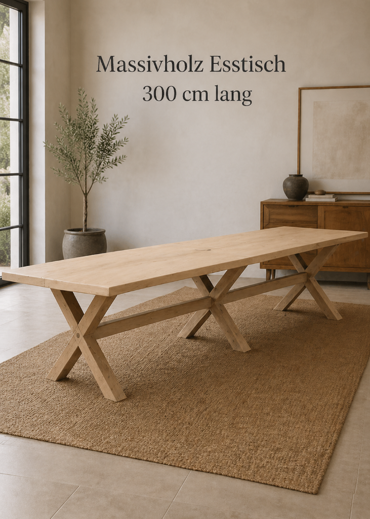 Massivholz Esstisch 300 cm aus mit 3 X-Beinen im Landhausstil – großer Holztisch