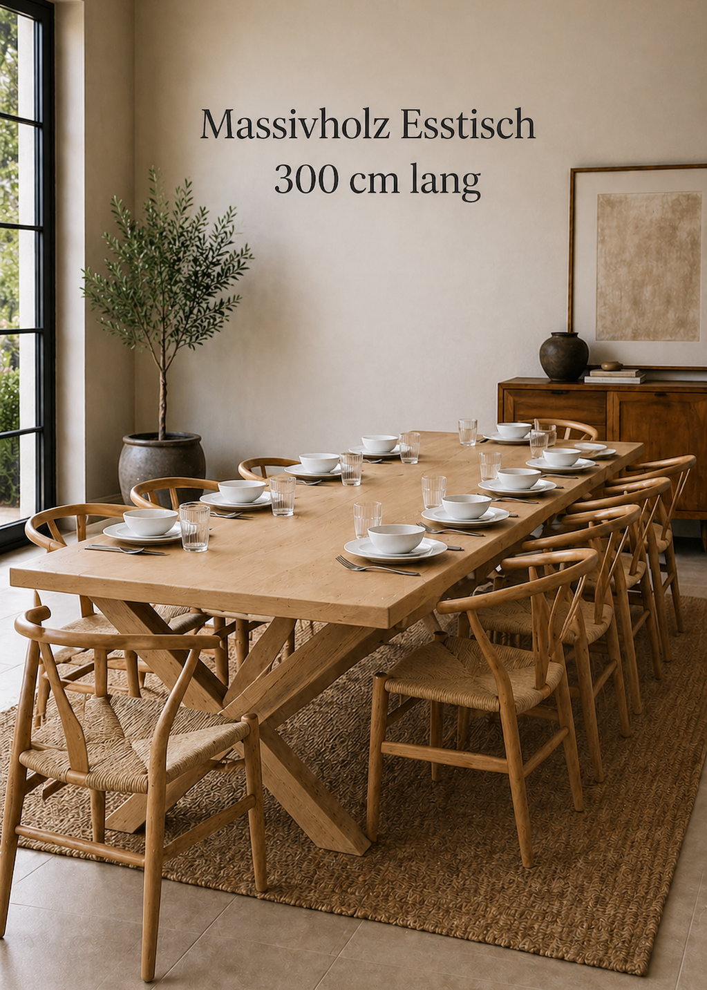 XXL Esstisch aus massivem Holz 300 cm lang – rustikaler Holztisch mit X-Gestell, 10 Personen Sitzplätzen und modernem Landhaus Design