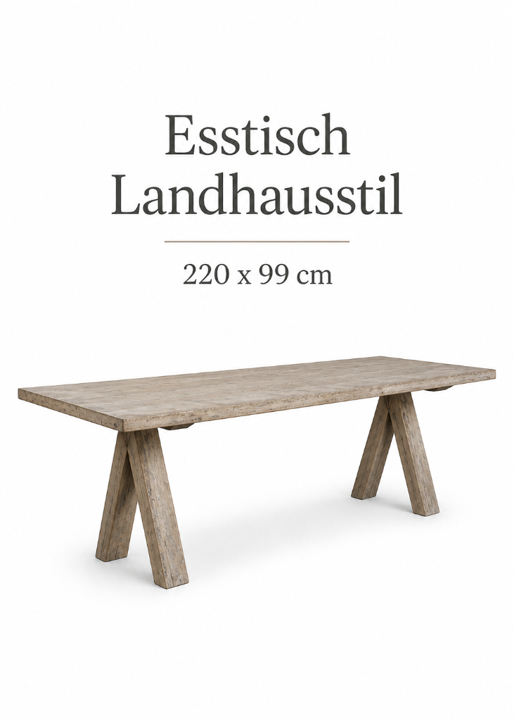 Esstisch Massivholz 220 cm PECK aus Altholz antik grau mit V-Beinen im Landhausstil