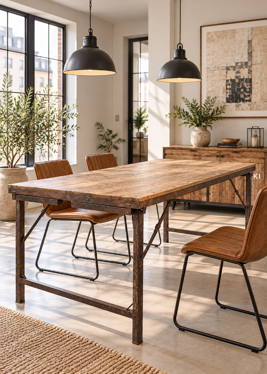 Esstisch PINO B 153 cm aus Altholz und Eisen im modernen Industrial Design, klappbarer Tisch für Loft und Esszimmer.