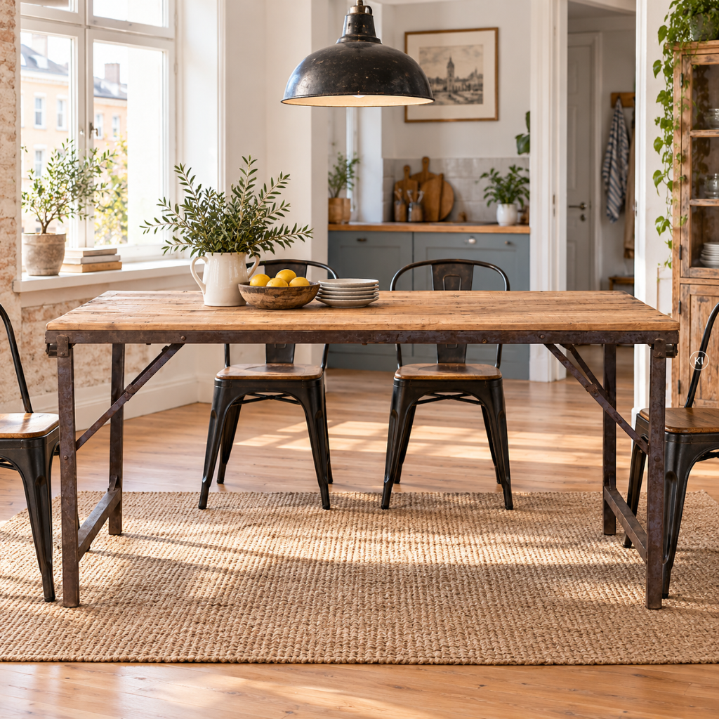 Couchtisch PINO aus Altholz und Eisen mit eingeklappten Tischbeinen, rustikaler Wohnzimmertisch im Industrial Stil.