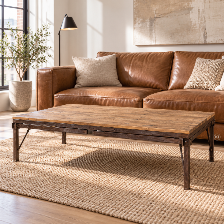 Industrial Tisch PINO als Schreibtisch im hellen Home Office, natürliche Holzplatte mit klappbarem Eisengestell.